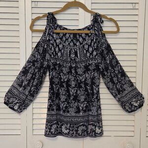 INC Boho Cold Shoulder Peasant Blouse with Silver Trim - Petite Small